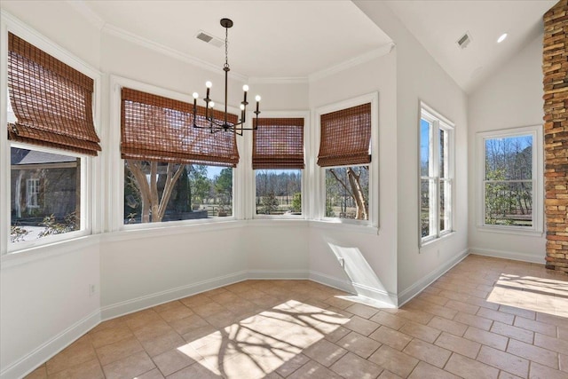 unfurnished sunroom featuring lofted ceiling, visible vents, and an inviting chandelier