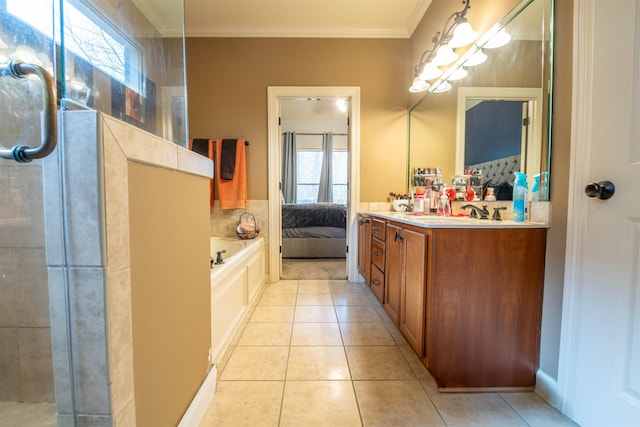 ensuite bathroom featuring double vanity, connected bathroom, ornamental molding, tile patterned floors, and a sink