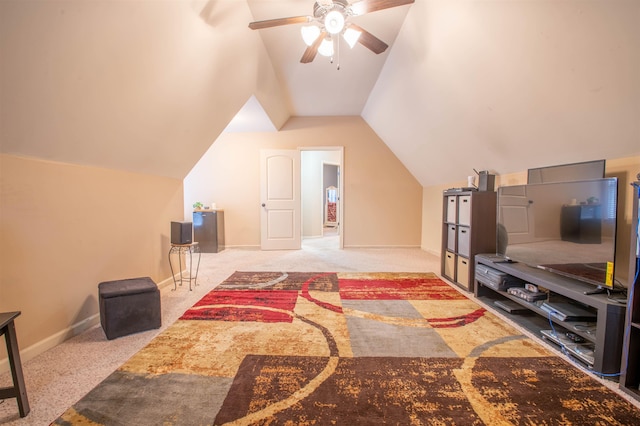 bonus room with lofted ceiling, a ceiling fan, baseboards, and carpet flooring