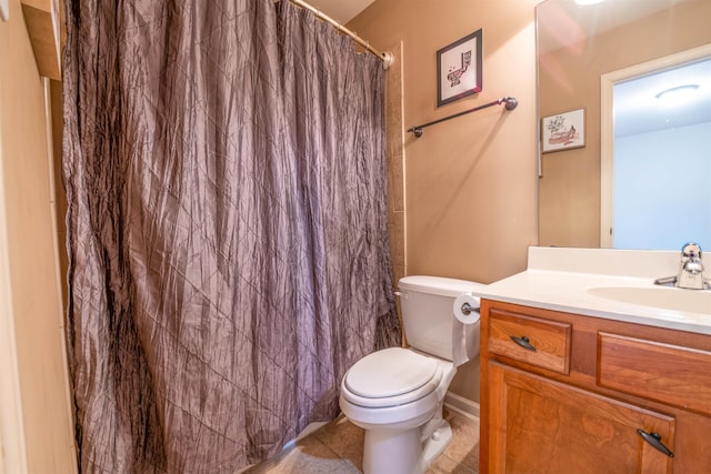 full bath with a shower with curtain, vanity, toilet, and tile patterned floors