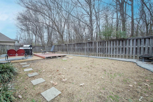 view of yard featuring a fenced backyard and a wooden deck