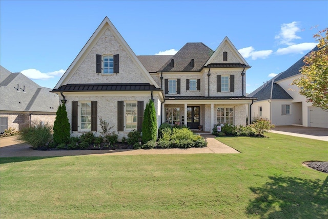 view of front of property featuring a standing seam roof, brick siding, metal roof, and a front lawn