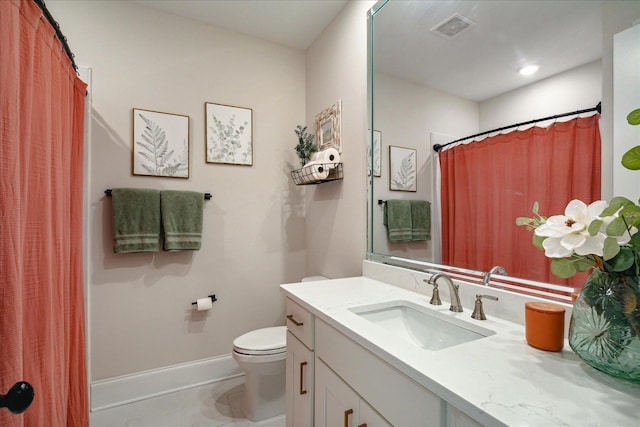 full bath featuring baseboards, visible vents, toilet, tile patterned floors, and vanity