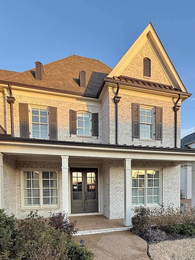 view of front of home featuring covered porch, a shingled roof, and stucco siding