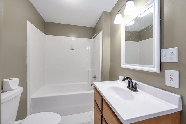 bathroom with toilet, tub / shower combination, and vanity