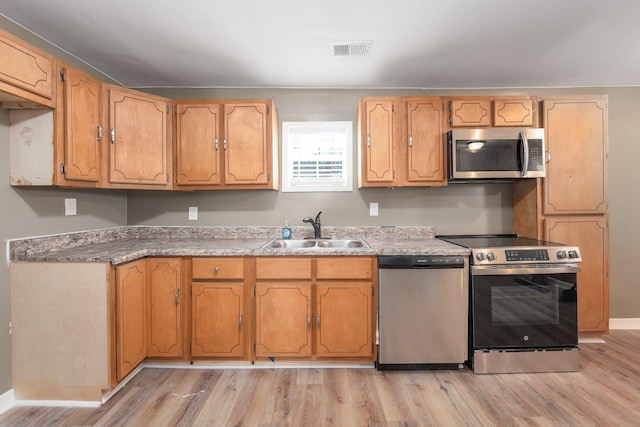 kitchen featuring stainless steel appliances, visible vents, a sink, light wood-type flooring, and baseboards