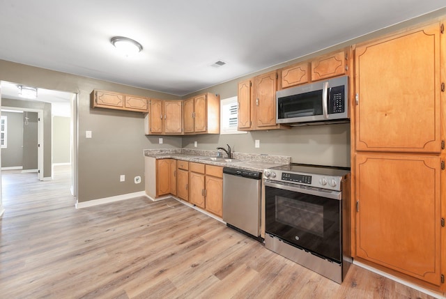 kitchen featuring stainless steel appliances, light wood-style floors, a sink, and baseboards