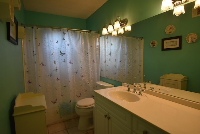 full bath with vanity, tile patterned flooring, toilet, and a shower with curtain