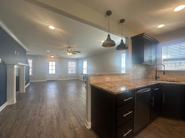 kitchen featuring tasteful backsplash, ornamental molding, dark wood finished floors, and a sink