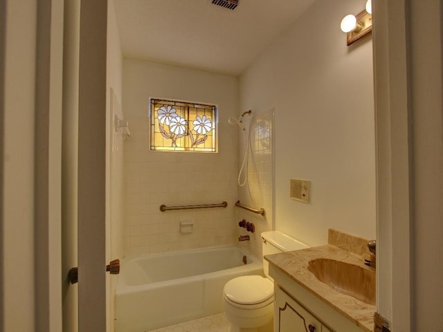 bathroom with shower / bath combination, visible vents, toilet, and vanity