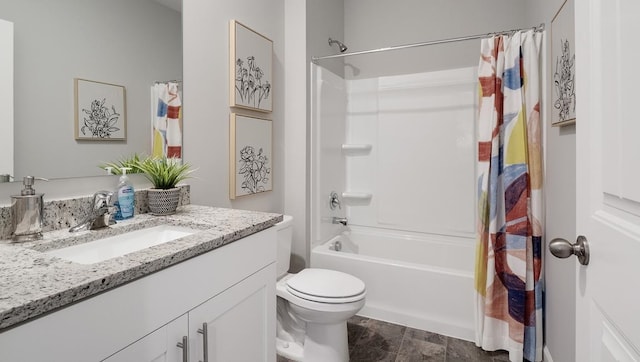 full bath featuring shower / bath combination with curtain, vanity, and toilet