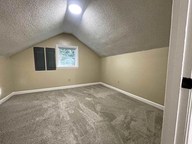 bonus room featuring carpet, vaulted ceiling, a textured ceiling, electric panel, and baseboards