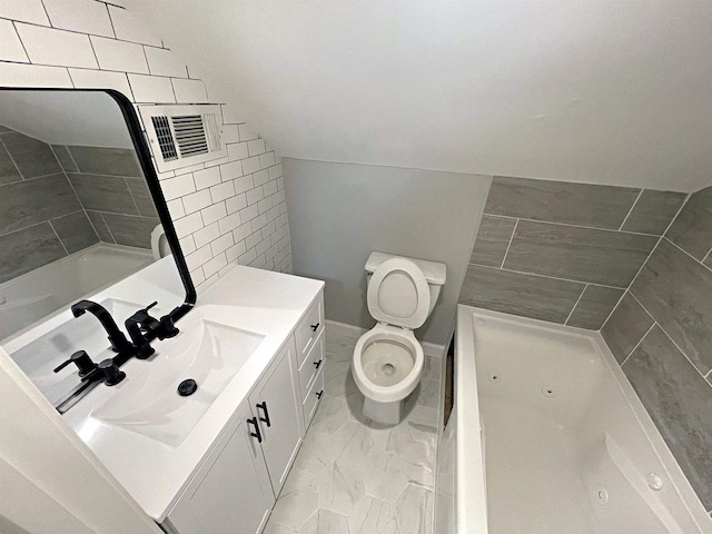 bathroom featuring visible vents, lofted ceiling, toilet, marble finish floor, and vanity