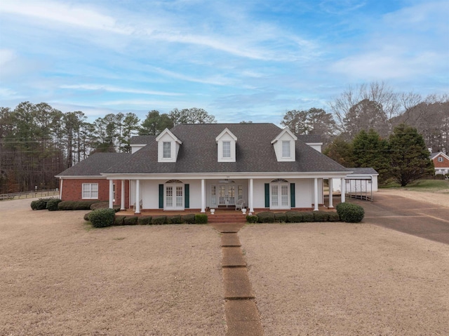 view of front of home with french doors, covered porch, driveway, and roof with shingles