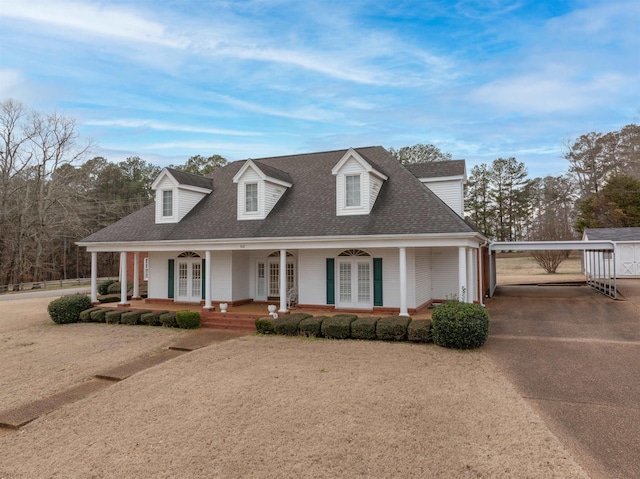 view of front of home with covered porch, french doors, and roof with shingles