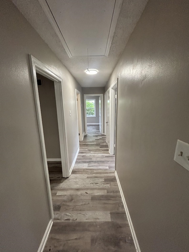 hall featuring light wood-style floors, attic access, baseboards, and a textured ceiling