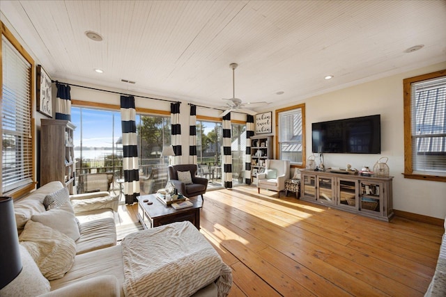 living room featuring recessed lighting, visible vents, a ceiling fan, wood ceiling, and hardwood / wood-style floors