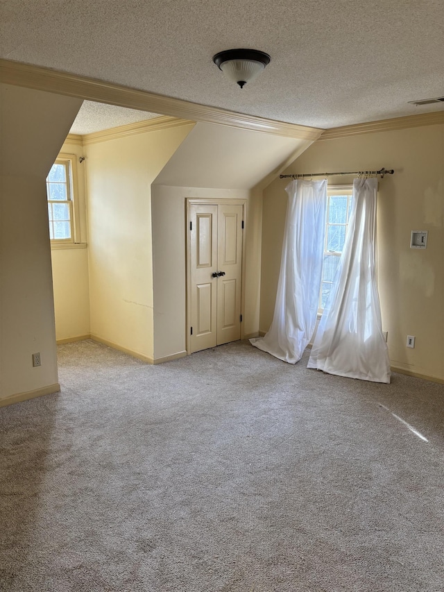 additional living space with a textured ceiling, carpet, lofted ceiling, and visible vents