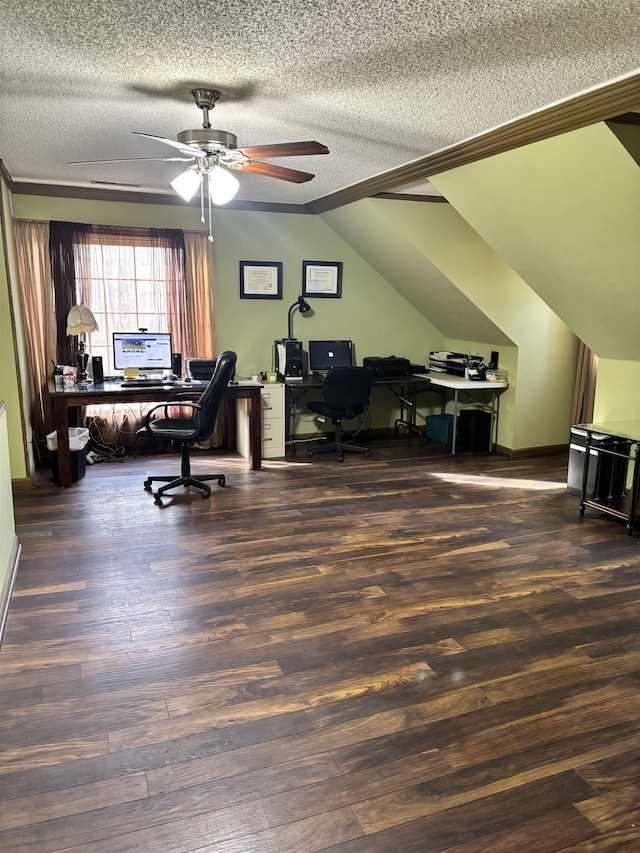 office with ceiling fan, a textured ceiling, vaulted ceiling, and wood finished floors