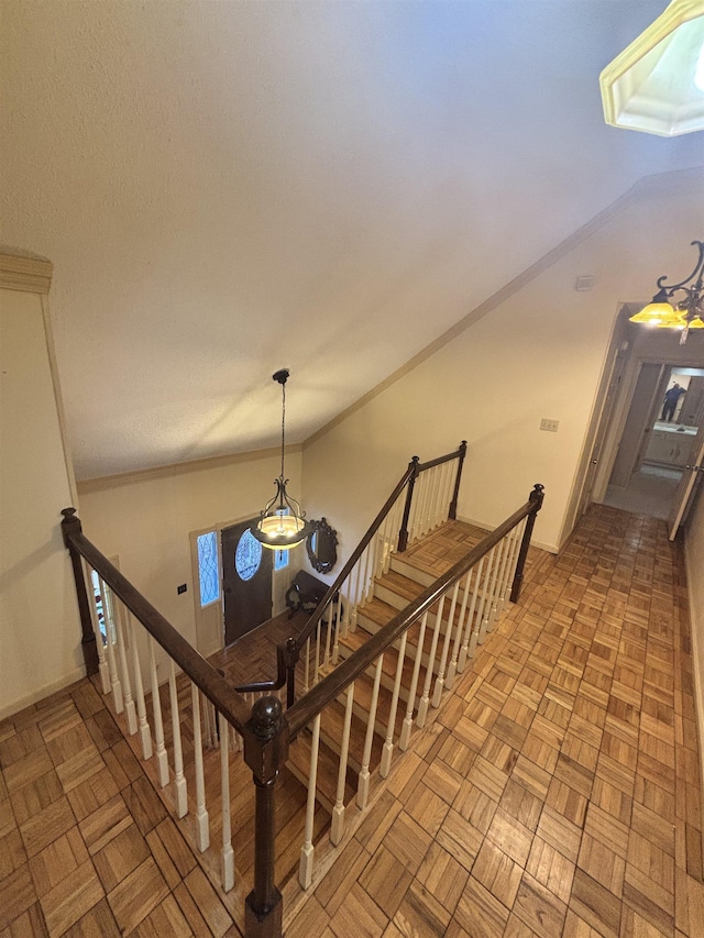 stairs featuring ornamental molding