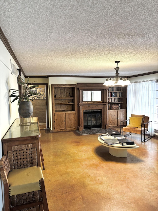 living room featuring ornamental molding, a glass covered fireplace, visible vents, and a textured ceiling