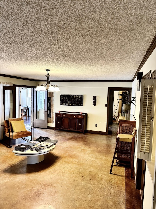 living area featuring a notable chandelier, crown molding, a textured ceiling, and baseboards