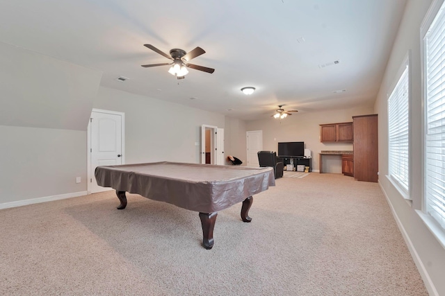 recreation room with light carpet, billiards, visible vents, and baseboards