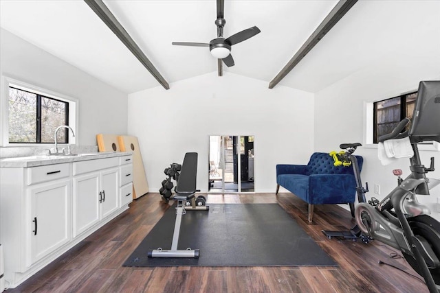 workout area with lofted ceiling, ceiling fan, dark wood finished floors, and a sink