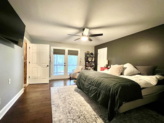 bedroom featuring baseboards, a ceiling fan, dark wood-style flooring, access to outside, and french doors