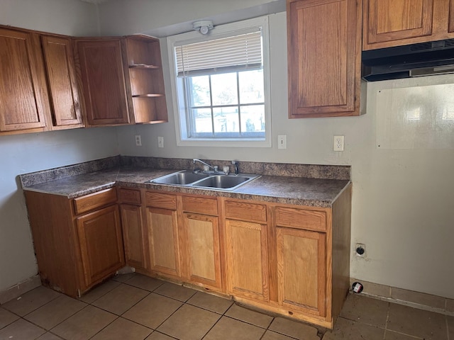 kitchen with dark countertops, under cabinet range hood, brown cabinetry, and a sink