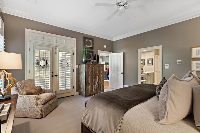 bedroom featuring light carpet, connected bathroom, access to exterior, crown molding, and french doors