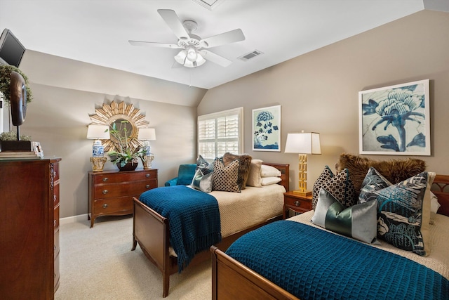 bedroom with light carpet, baseboards, visible vents, a ceiling fan, and vaulted ceiling