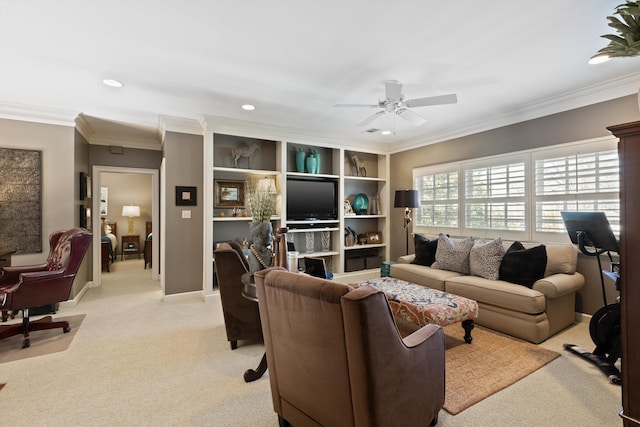 living room featuring ceiling fan, recessed lighting, light carpet, baseboards, and crown molding