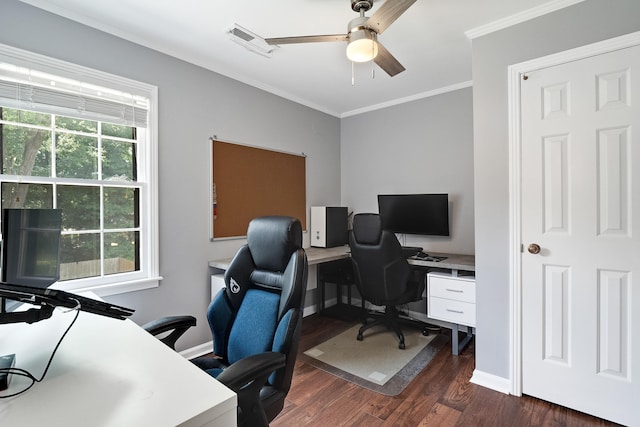 office space featuring ornamental molding, dark wood-type flooring, a ceiling fan, and baseboards