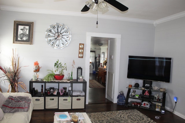 living room featuring a ceiling fan, ornamental molding, and wood finished floors