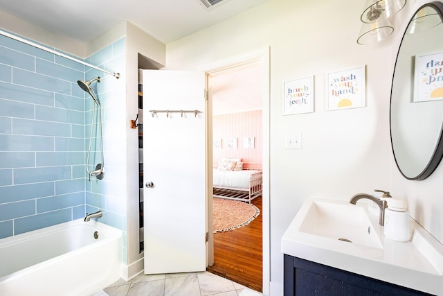 full bathroom featuring shower / bathtub combination, marble finish floor, visible vents, and vanity