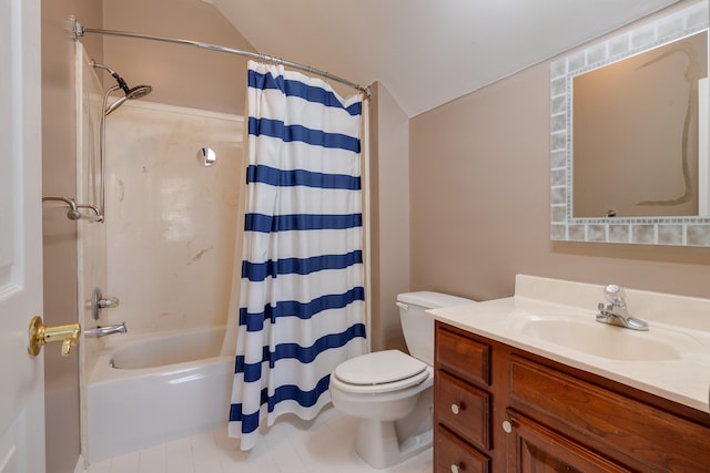 full bath with lofted ceiling, tile patterned flooring, toilet, vanity, and shower / bath combo with shower curtain