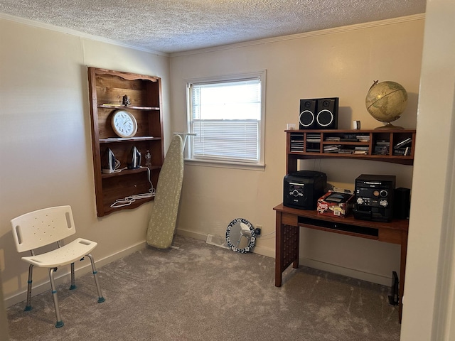 office space featuring baseboards, carpet, ornamental molding, and a textured ceiling