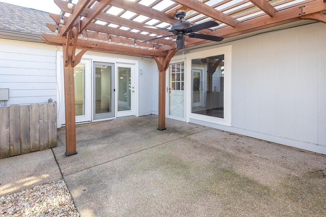 view of patio / terrace featuring fence, a ceiling fan, and a pergola