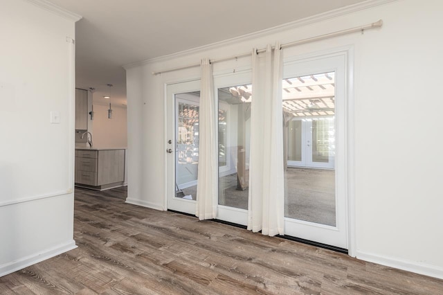 doorway with ornamental molding, a sink, baseboards, and wood finished floors