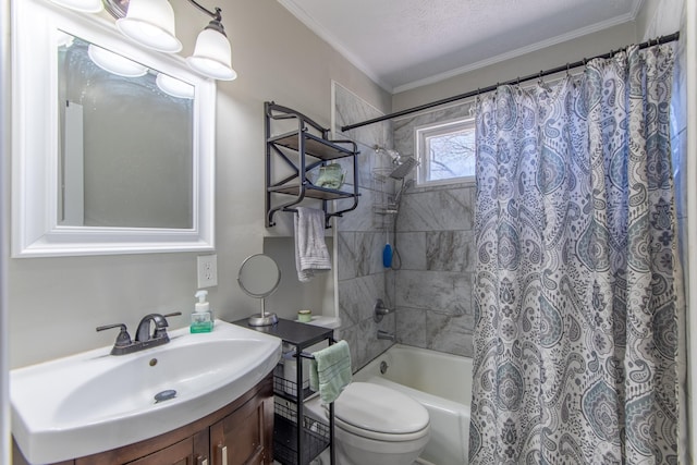 full bath featuring ornamental molding, vanity, toilet, and shower / bath combo with shower curtain