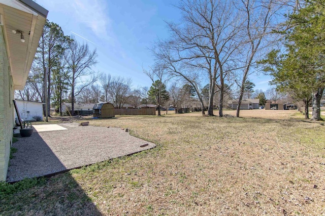 view of yard featuring a shed, a patio area, and an outdoor structure