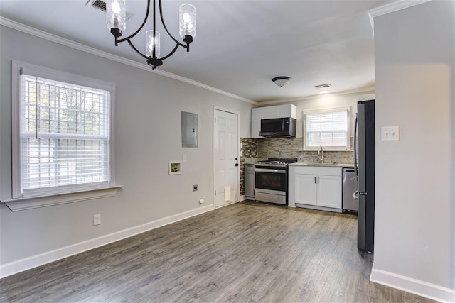 kitchen with tasteful backsplash, electric panel, white cabinets, appliances with stainless steel finishes, and a sink