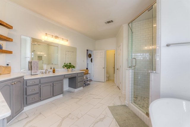 bathroom featuring marble finish floor, visible vents, toilet, a stall shower, and vanity