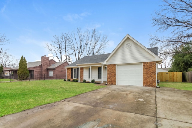 ranch-style house with a front yard, brick siding, fence, and an attached garage