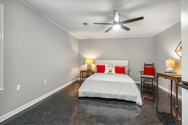 bedroom featuring crown molding, visible vents, ceiling fan, concrete flooring, and baseboards