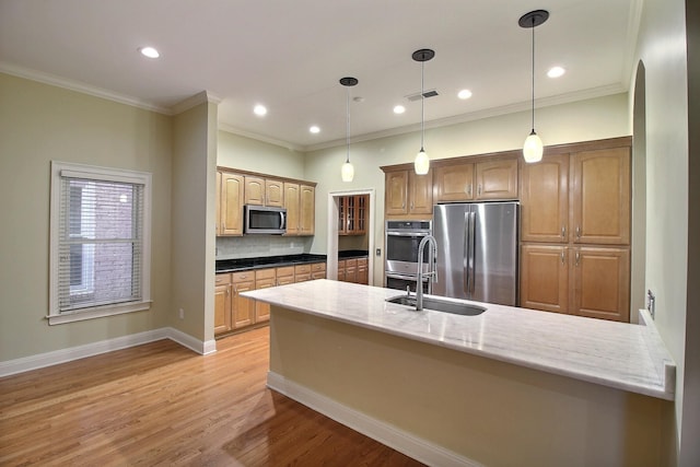 kitchen with light wood-style flooring, a peninsula, a sink, hanging light fixtures, and appliances with stainless steel finishes