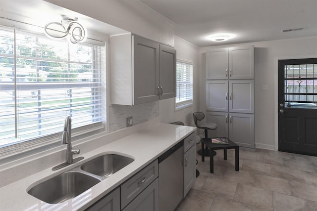 kitchen featuring tasteful backsplash, visible vents, ornamental molding, a sink, and dishwasher