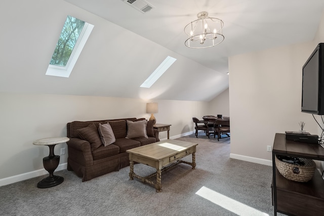 carpeted living room with lofted ceiling with skylight, baseboards, visible vents, and a notable chandelier