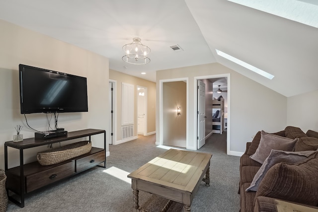 living area featuring vaulted ceiling with skylight, visible vents, and carpet flooring